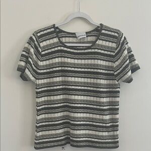 Vintage Fashion Bug Striped Short Sleeve Sweater Green Cream Y2K 90s Casual Fall